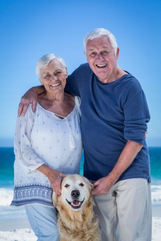 AMIZADE IDOSOS E PETS: casal de idosos na praia com seu cão.