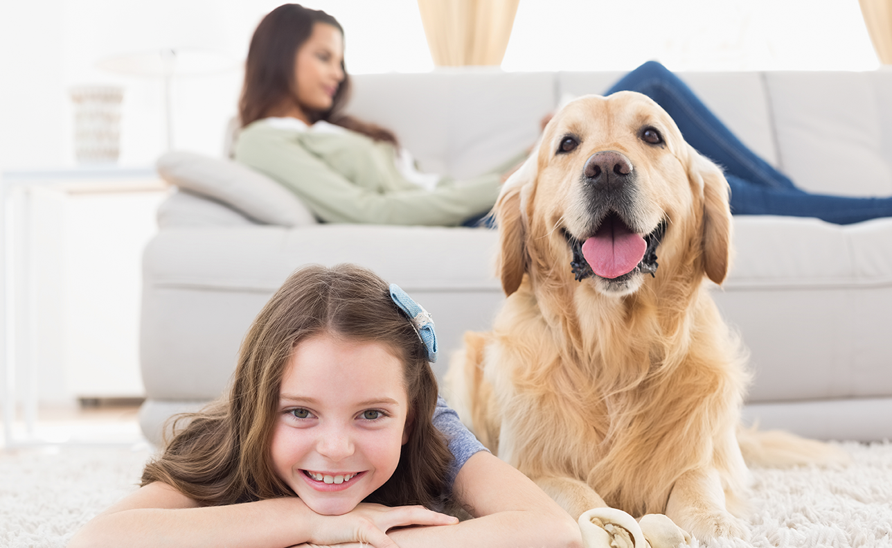 PETS NA PANDEMIA: menina com seu pet deitada e sorrindo.